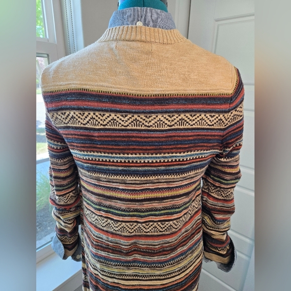 EDDIE BAUER LONG LINE BUTTON FRONT CARDIGAN COTTON SWEATER TAN STRIPE WOMEN S - Picture 4 of 15